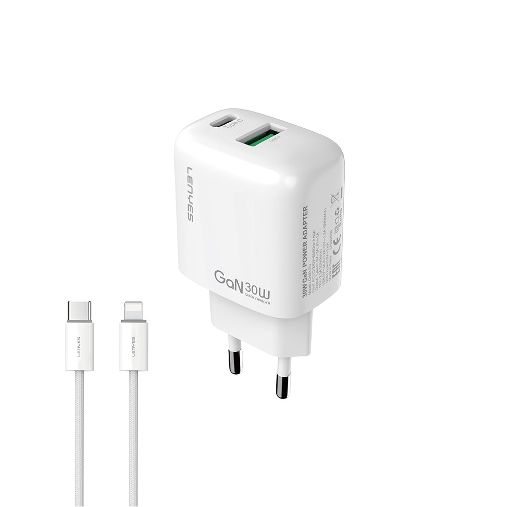 Lenyes LCH93-TC-L Type-C to Lightning GaN Teknolojili PD ve USB Hızlı Şarj Özellikli Şarj Seti 30W Beyaz