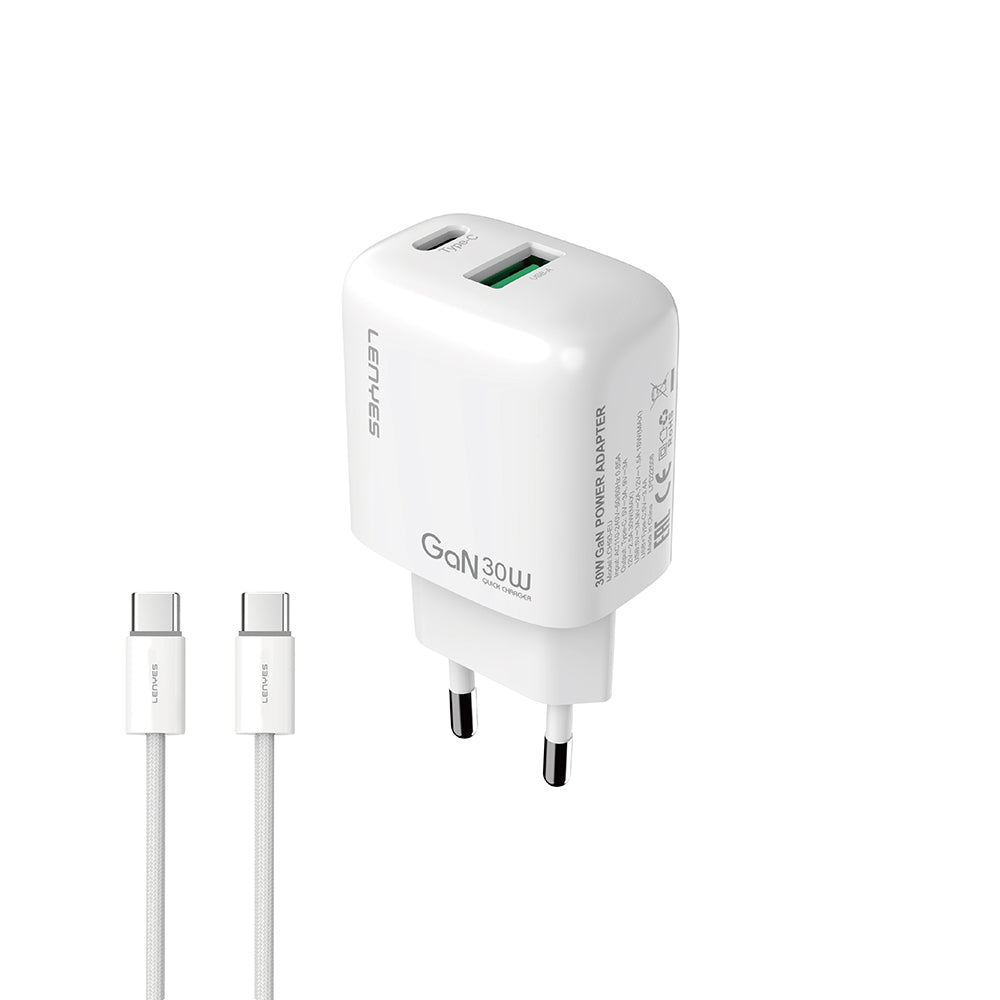 Lenyes LCH93-TC-TC Type-C to Type-C GaN Teknolojili PD ve USB Hızlı Şarj Özellikli Şarj Seti 30W Beyaz