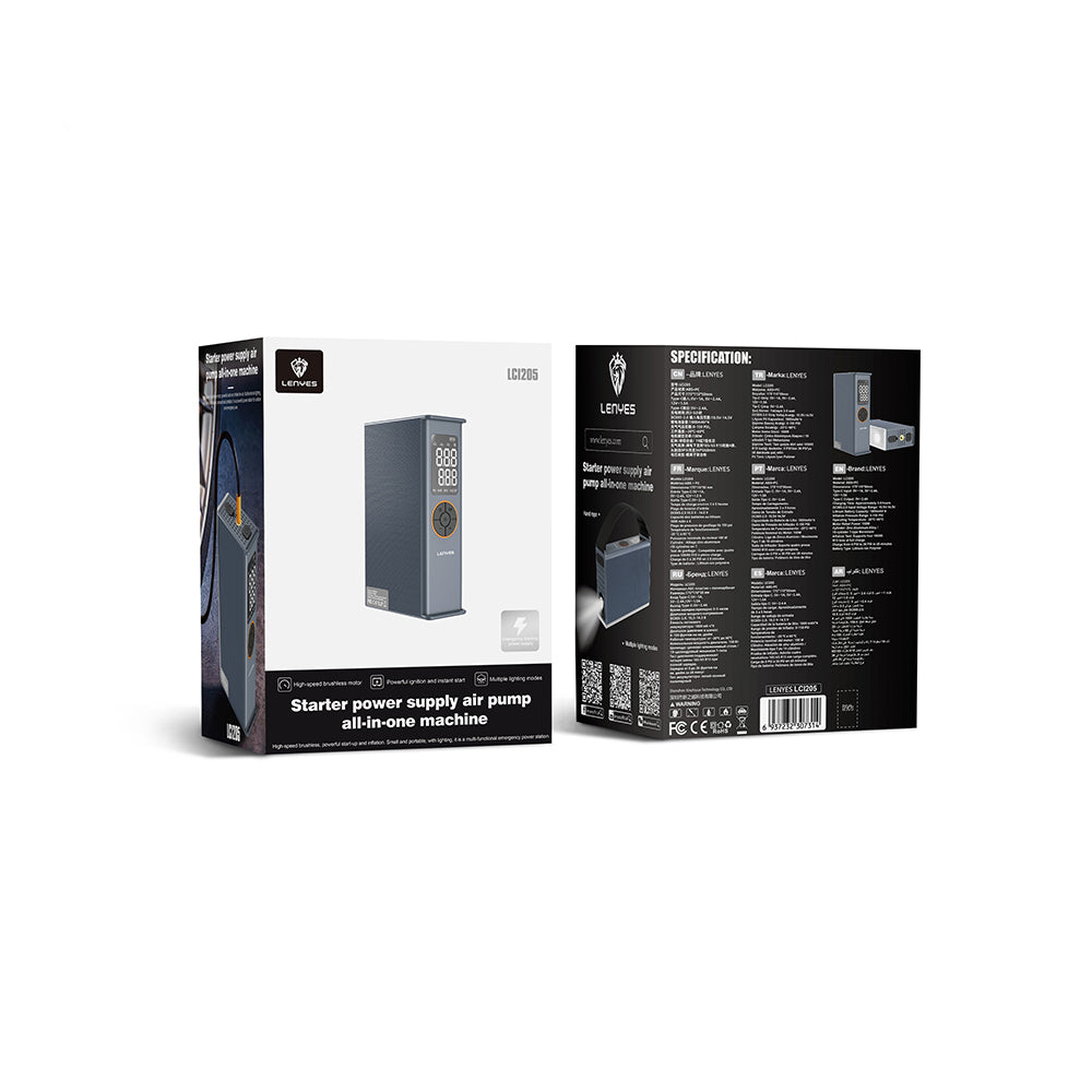 Lenyes LCI205 LED Işıklı Araç Akü Acil Durum Takviye Güç Kaynağı ve Hava Kompresörü 12V 100W 7200mAh Gri