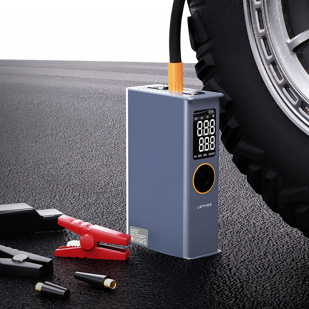 Lenyes LCI205 LED Işıklı Araç Akü Acil Durum Takviye Güç Kaynağı ve Hava Kompresörü 12V 100W 7200mAh Gri