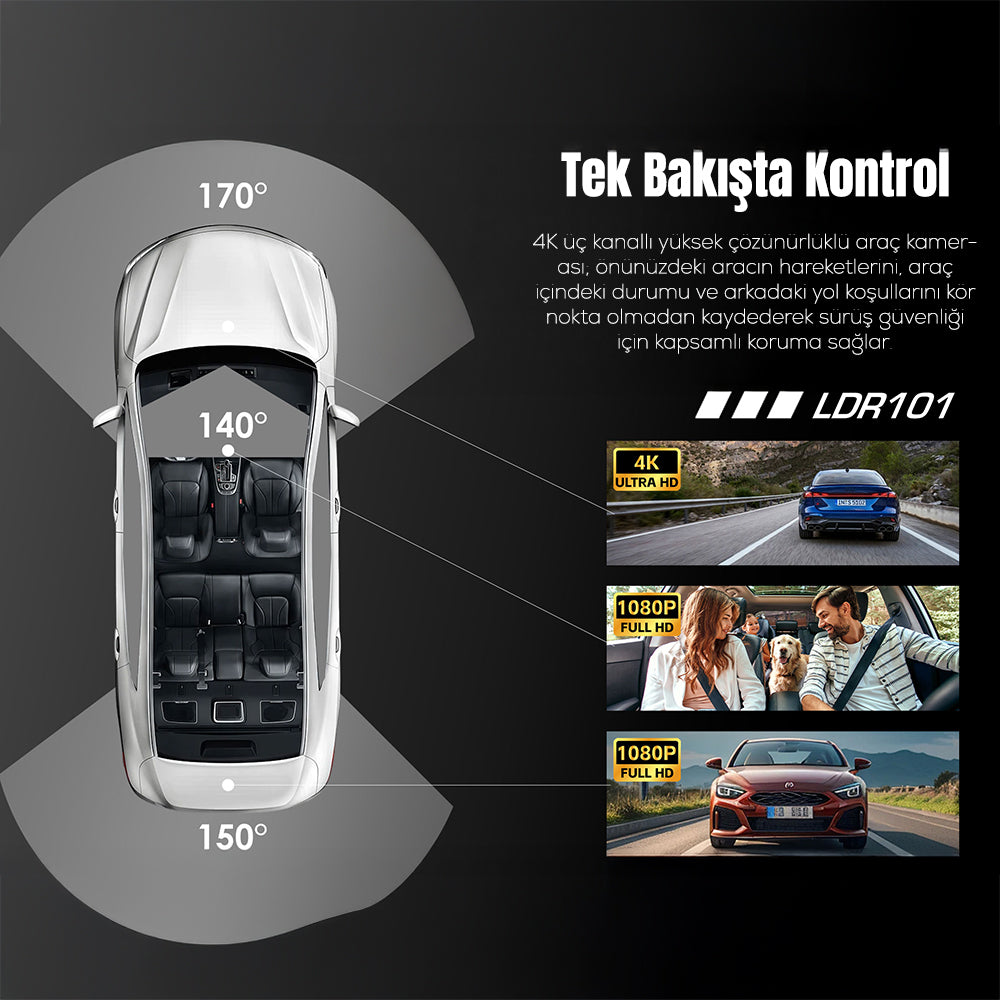 Lenyes LDR101 4K Ultra HD Wifi Destekli Akıllı Ön ve Arka Araç Kamerası Siyah
