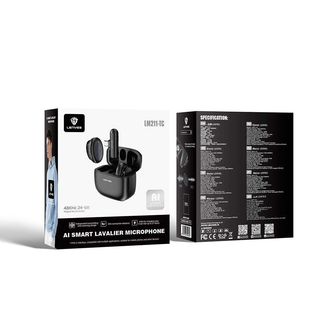 Lenyes LM211-TC Yapay Zeka Destekli Type-C Portlu Kablosuz Yaka Mikrofonu Siyah