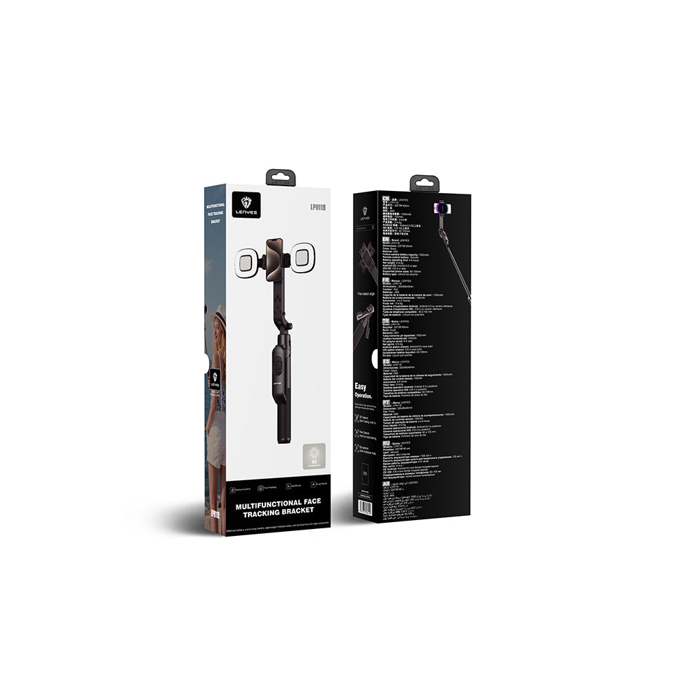 Lenyes LPH119 Yapay Zeka Destekli Dolgu Işıklı Kumandalı 360 Derece Dönebilen Selfie Çubuğu ve Tripod Siyah