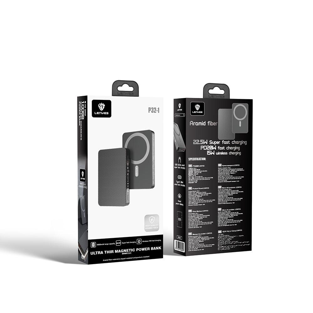 Lenyes P32-1 M-safe Şarj Özellikli Aramid Fiber Powerbank 15W 10000mAh Siyah