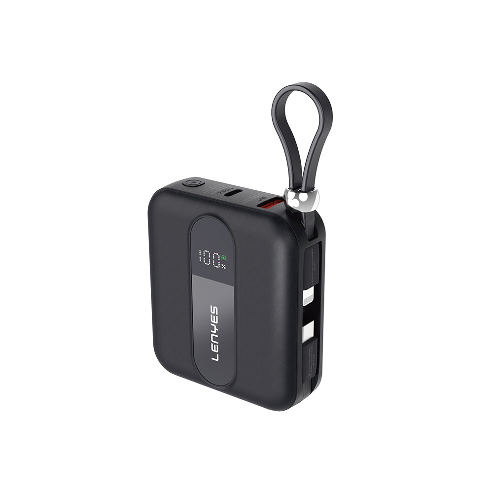 Lenyes P562L Dijital LED Göstergeli Type-C ve Lightning Kablolu Powerbank 22.5W 10000mAh Siyah