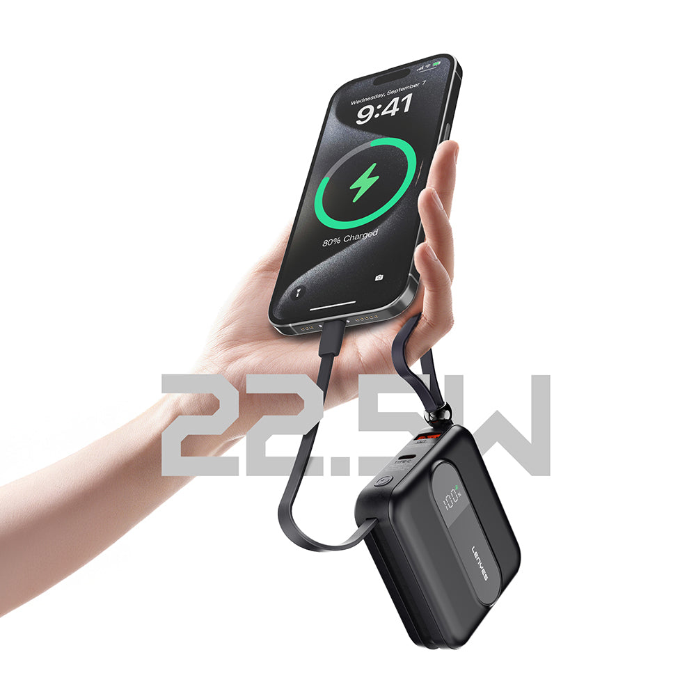 Lenyes P562L Dijital LED Göstergeli Type-C ve Lightning Kablolu Powerbank 22.5W 10000mAh Siyah