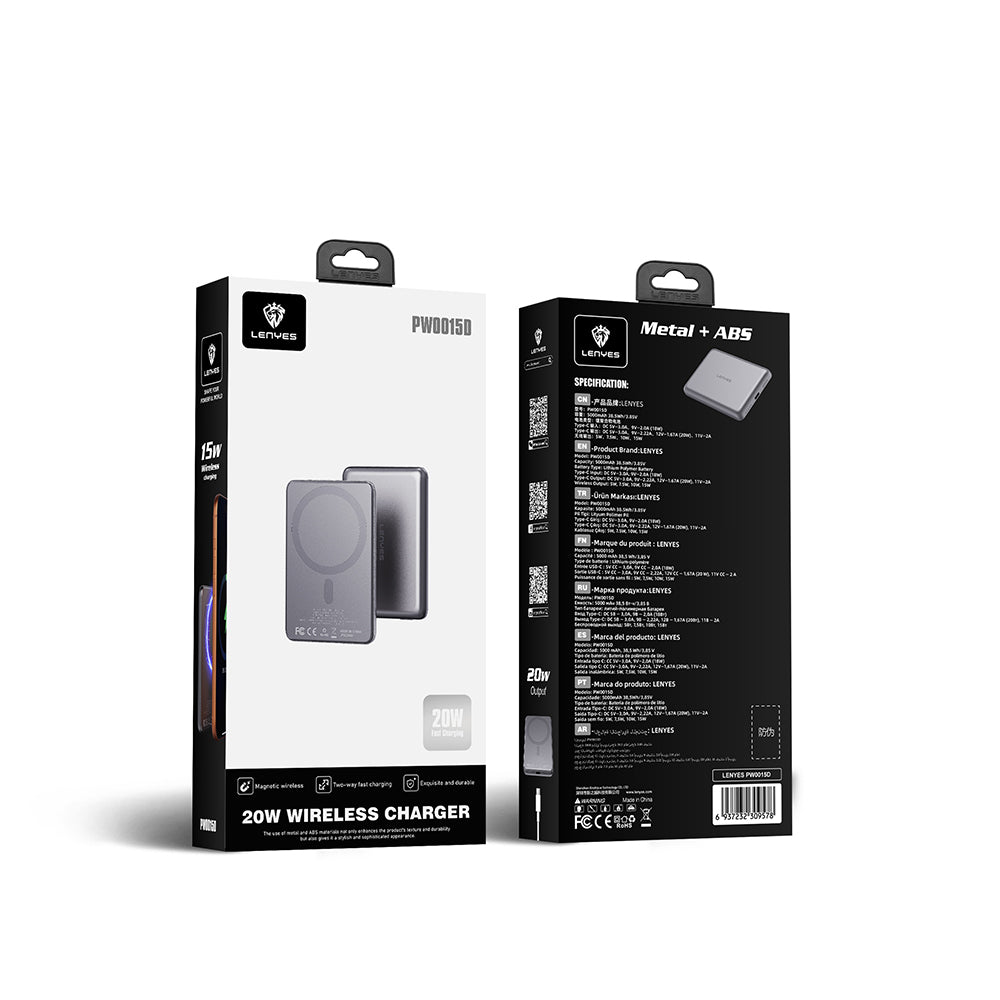 Lenyes PW0015D Ultra İnce LED Göstergeli Wireless Powerbank 15W 5000mAh Gri