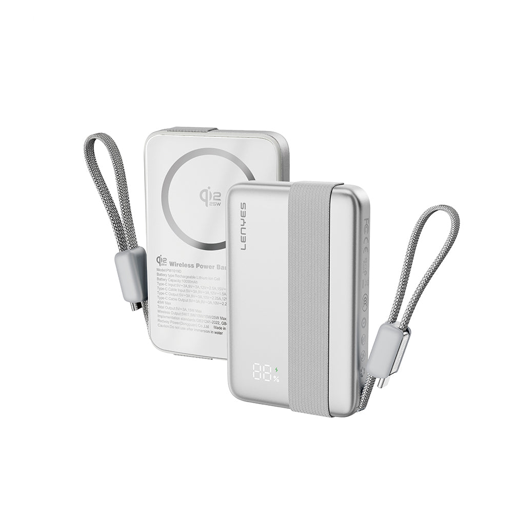 Lenyes PW1019D PD 45W Qi2 Teknolojili Type-C Kablolu Wireless Powerbank 25W 10000mAh Gümüş