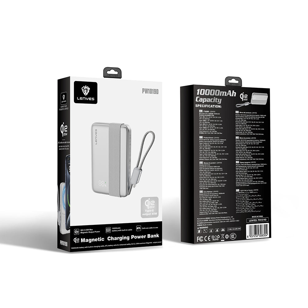Lenyes PW1019D PD 45W Qi2 Teknolojili Type-C Kablolu Wireless Powerbank 25W 10000mAh Gümüş