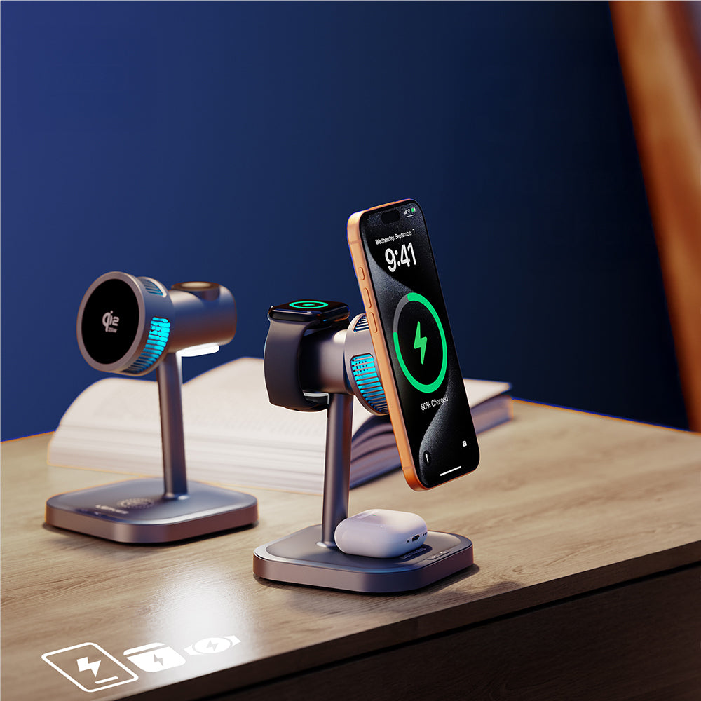 Lenyes PW323 Qi2 Şarj Teknolojili Ambiyans Işıklı Telefon&Akıllı Saat&Kulaklık 25W 3in1 Kablosuz Şarj Standı Gri