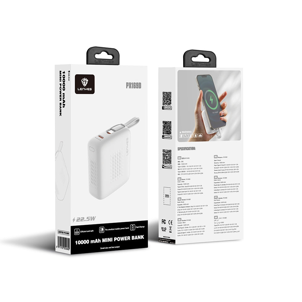 Lenyes PX169D PD 22.5W Hızlı Şarj Özellikli LED Göstergeli Type-C Kablolu Mini Taşınabilir Powerbank 10000mAh Beyaz