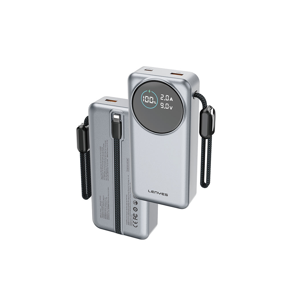 Lenyes PX2004D Dijital LED Ekranlı Lightning Kablolu Powerbank 22.5W 20.000mAh Gümüş