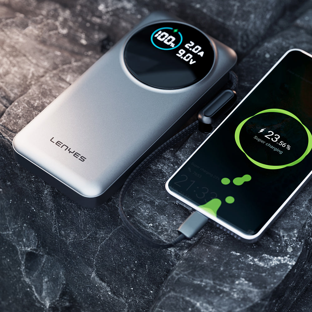 Lenyes PX3004D Dijital LED Ekranlı Lightning Kablolu Powerbank 22.5W 30.000mAh Gümüş