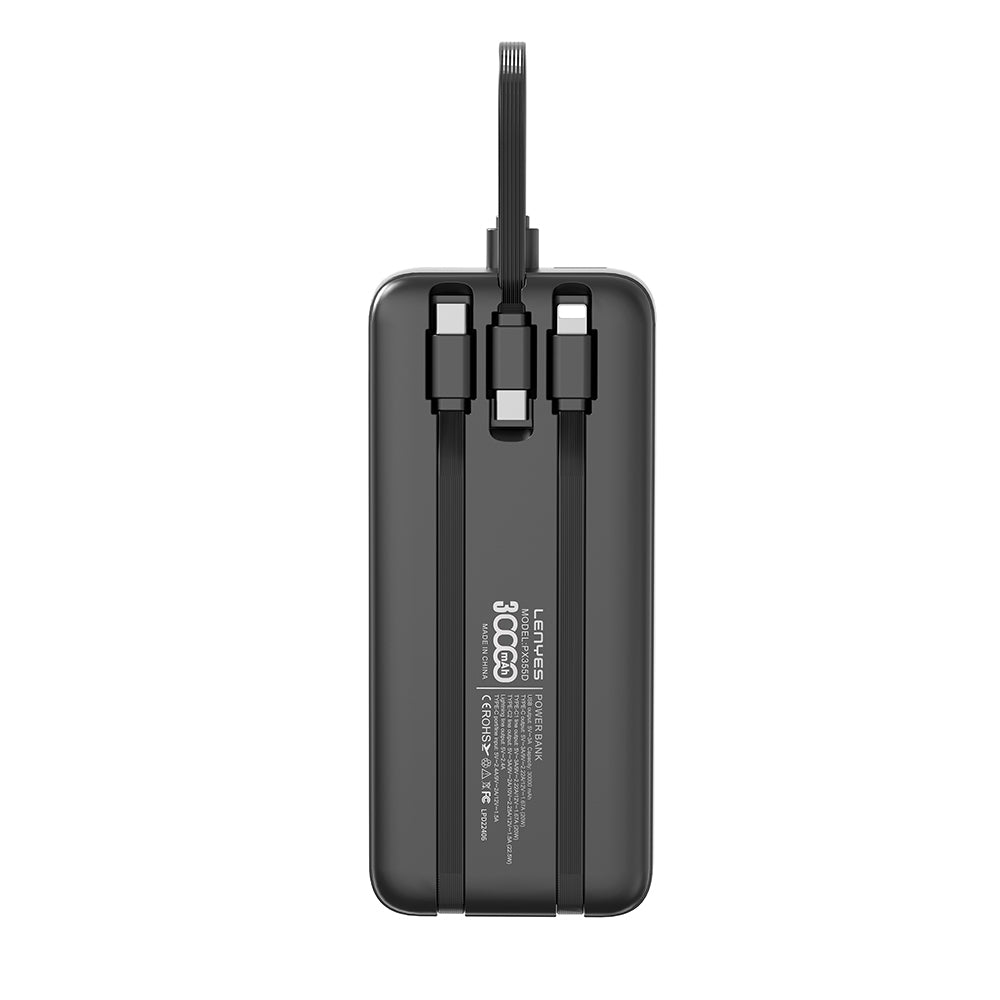 Lenyes PX355D Dijital LED Ekranlı Type-C ve Lightning Kablolu Powerbank 22.5W 30.000mAh Siyah