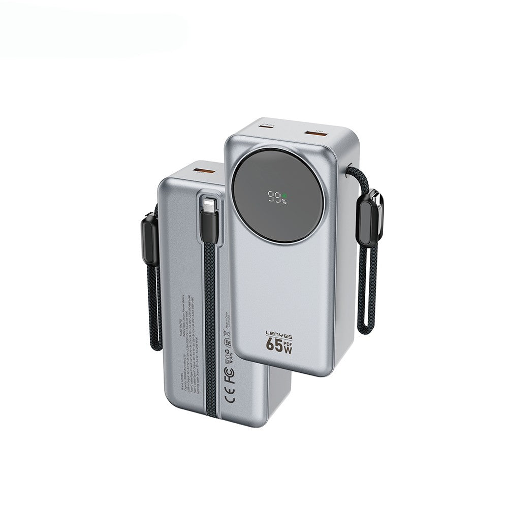 Lenyes PX379D Dijital LED Ekranlı Type-C ve Lightning Kablolu Powerbank 65W 30.000mAh Gümüş