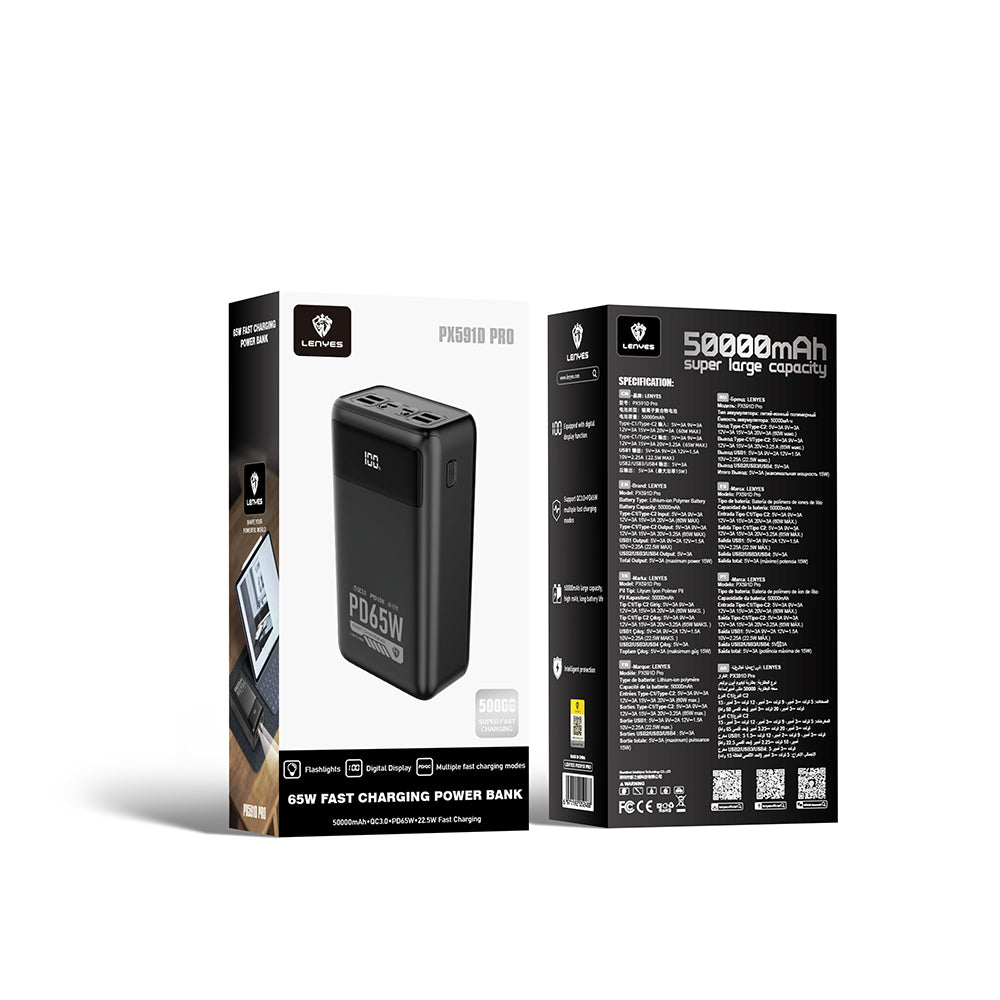 Lenyes PX591D Pro Hızlı Şarj Özellikli Dijital LED Göstergeli Taşınabilir Powerbank 65W 50000mAh Siyah