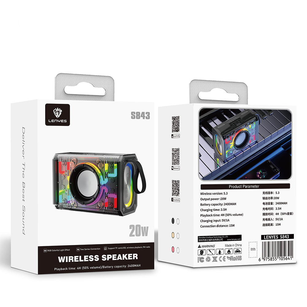 Lenyes S843 RGB Led Işıklı Taşınabilir TWS Bluetooth Hoparlör v5.3 20W Siyah