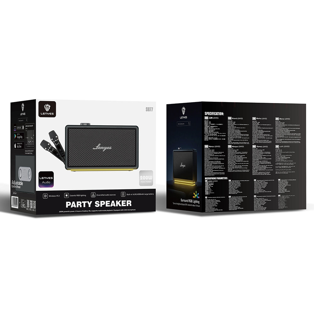 Lenyes S877 Serisi RGB Işıklı Taşınabilir Su Geçirmez Çift Mikrofonlu TWS Bluetooth Hoparlör Speaker v5.3 200W Siyah
