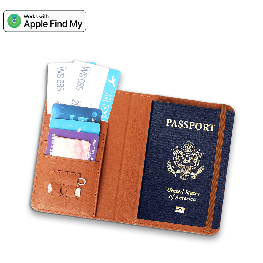 Micflip K02 iOS Cihazlar İçin FindMy Özellikli Pasaport Kart ve Sim Bölmeli Mikrofiber Kablosuz ve Pin Şarj Özellikli Deri Cüzdan Kahverengi
