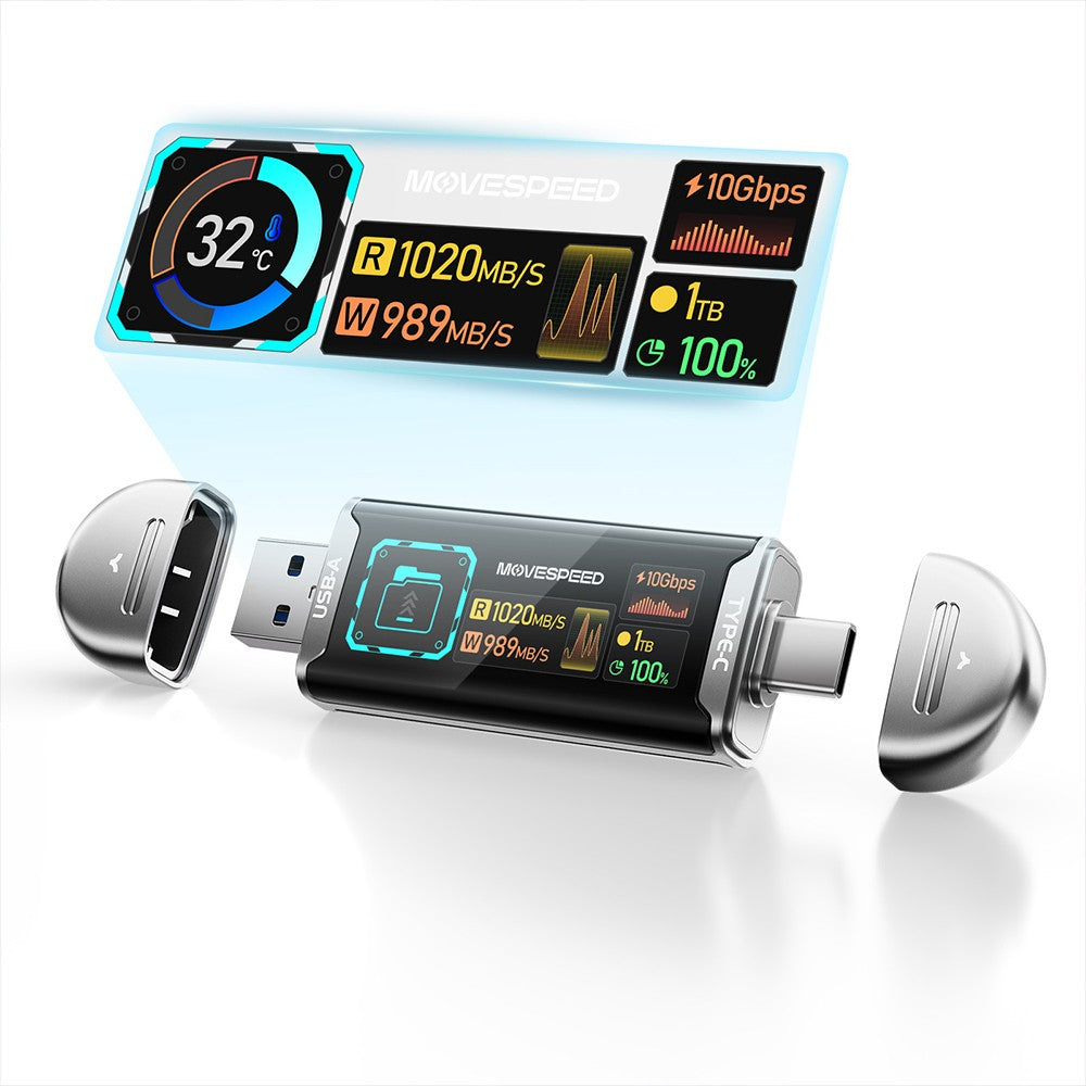 Movespeed MSSU10 LCD Ekranlı 4K ProRes Dual USB-A+Type-C Bağlantılı PSSD Flash Disk 1TB 10Gbps Gümüş