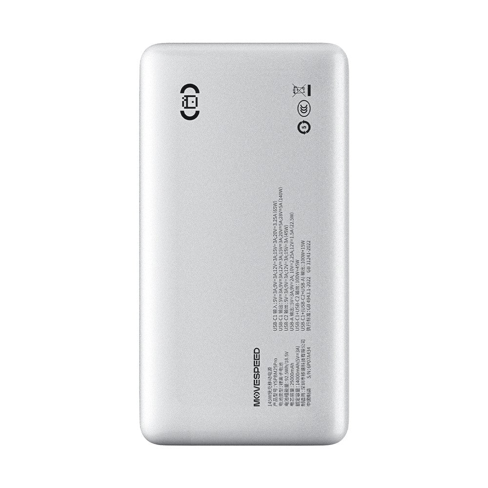 Movespeed YSPBM25 Pro Hızlı Şarj Özellikli Dijital LED Göstergeli Powerbank PD 145W 25.000mAh Gri
