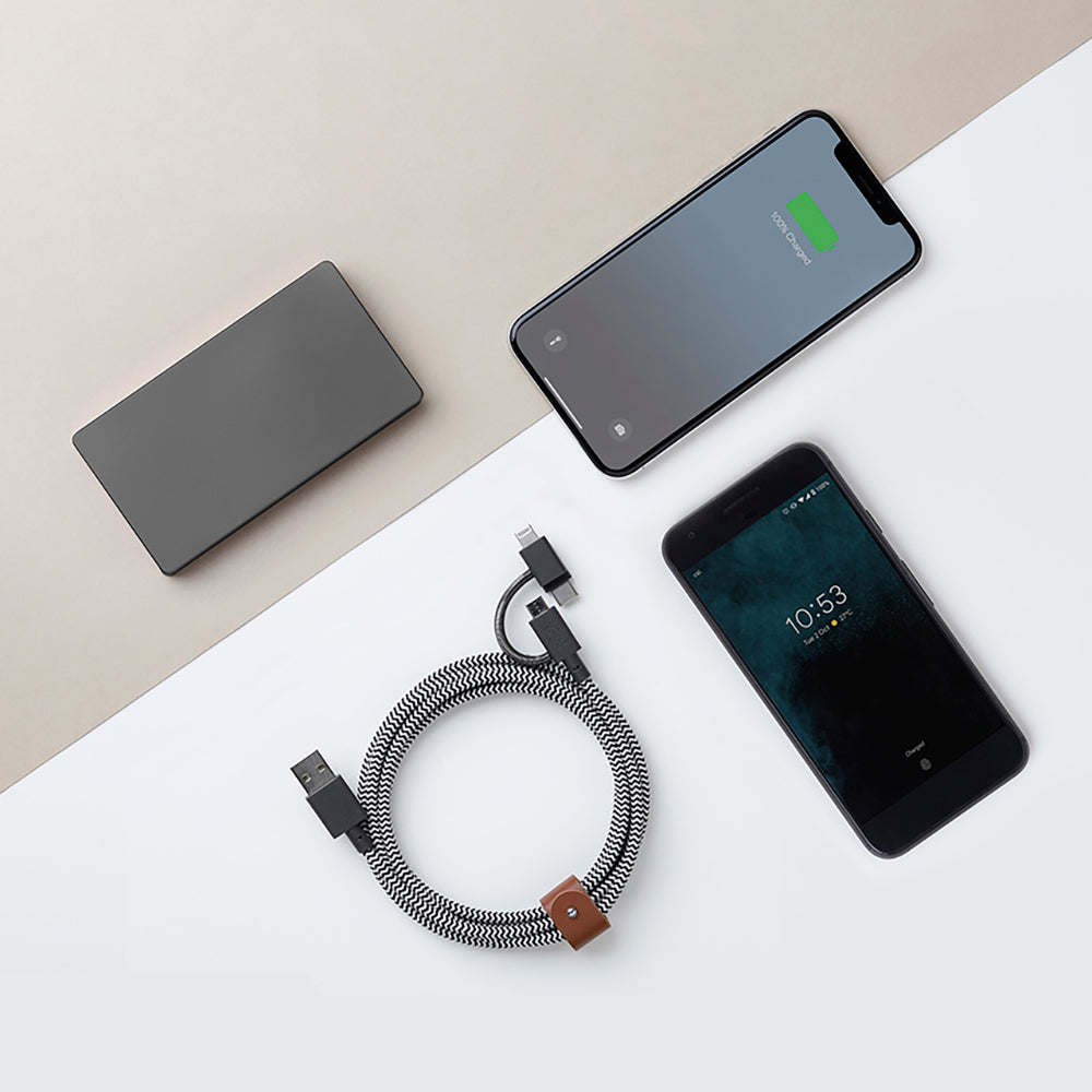 Native Union Belt Serisi 3in1 USB-A to Type-C - Lightning - Micro Şarj Kablosu 2M Siyah-Beyaz
