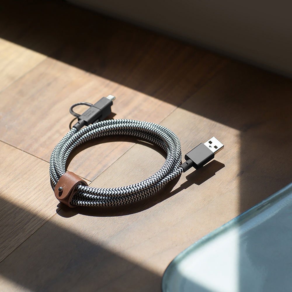 Native Union Belt Serisi 3in1 USB-A to Type-C - Lightning - Micro Şarj Kablosu 2M Siyah-Beyaz