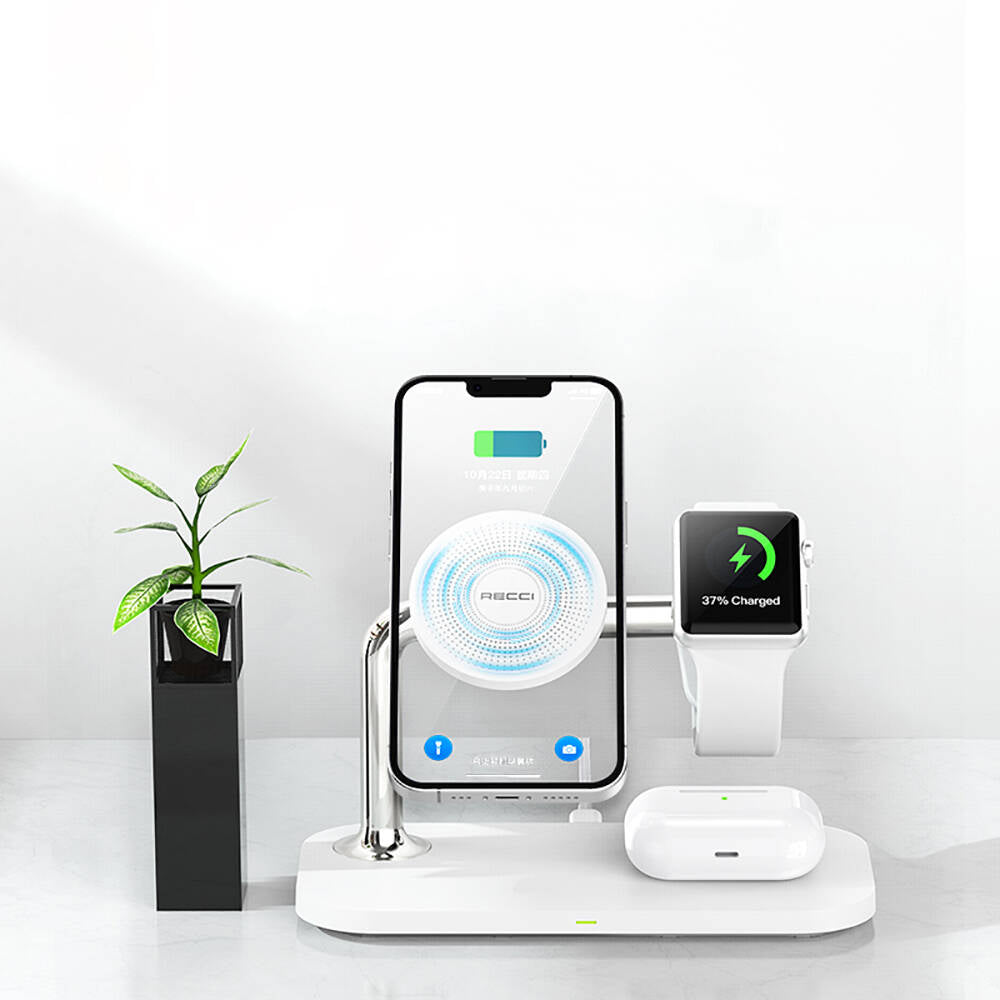Recci RCW-20 Prestige Serisi 3in1 Magsafe 15W Hızlı Şarj Özellikli Magnetik Kablosuz Şarj Standı Beyaz