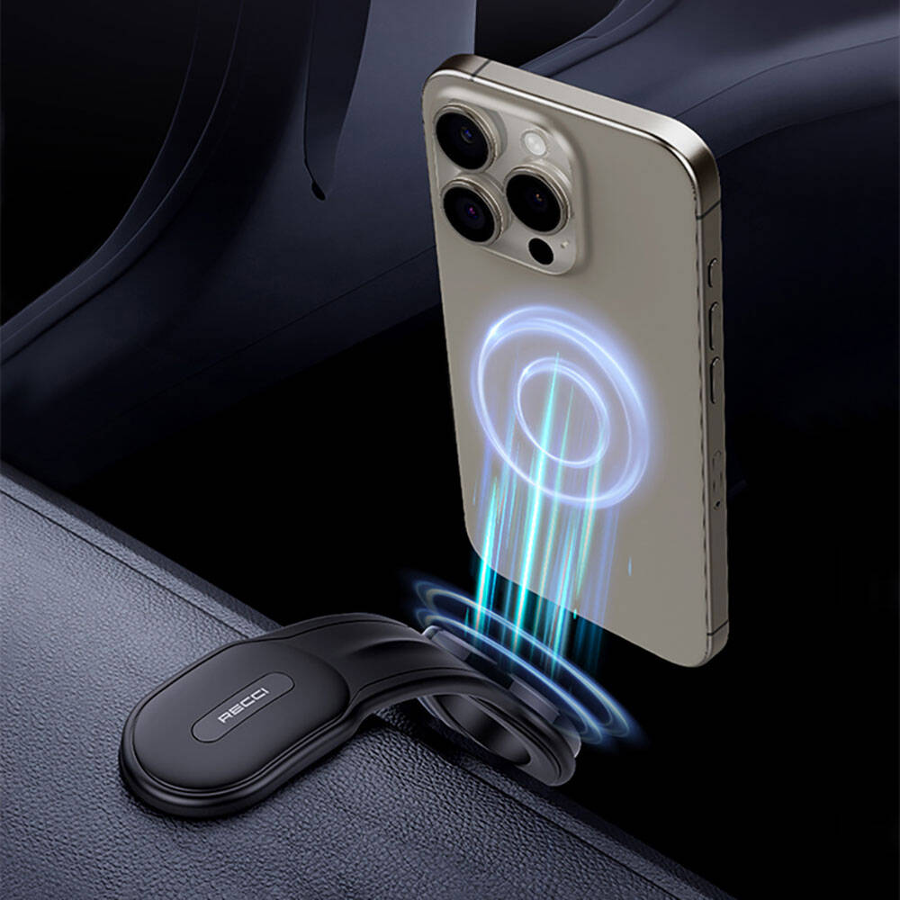 Recci RHO-C40 Magnetik Magsafe Uyumlu Bükülebilen Eğimli ve Düz Zemin Araç Telefon Tutucu Siyah