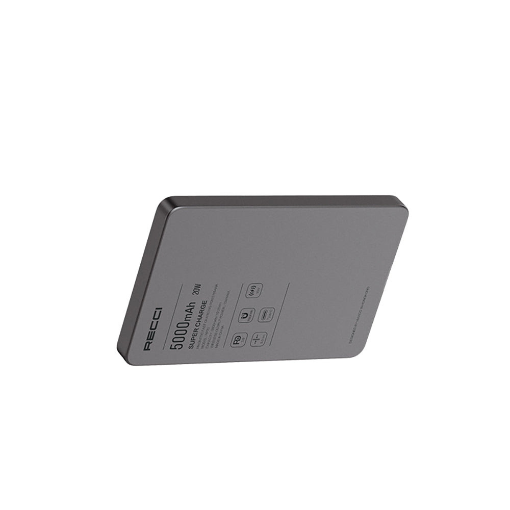 Recci RP33 PD 20W Ultra İnce Led Göstergeli Hızlı Şarj Özellikli Wireless Powerbank 5000mAh Gri