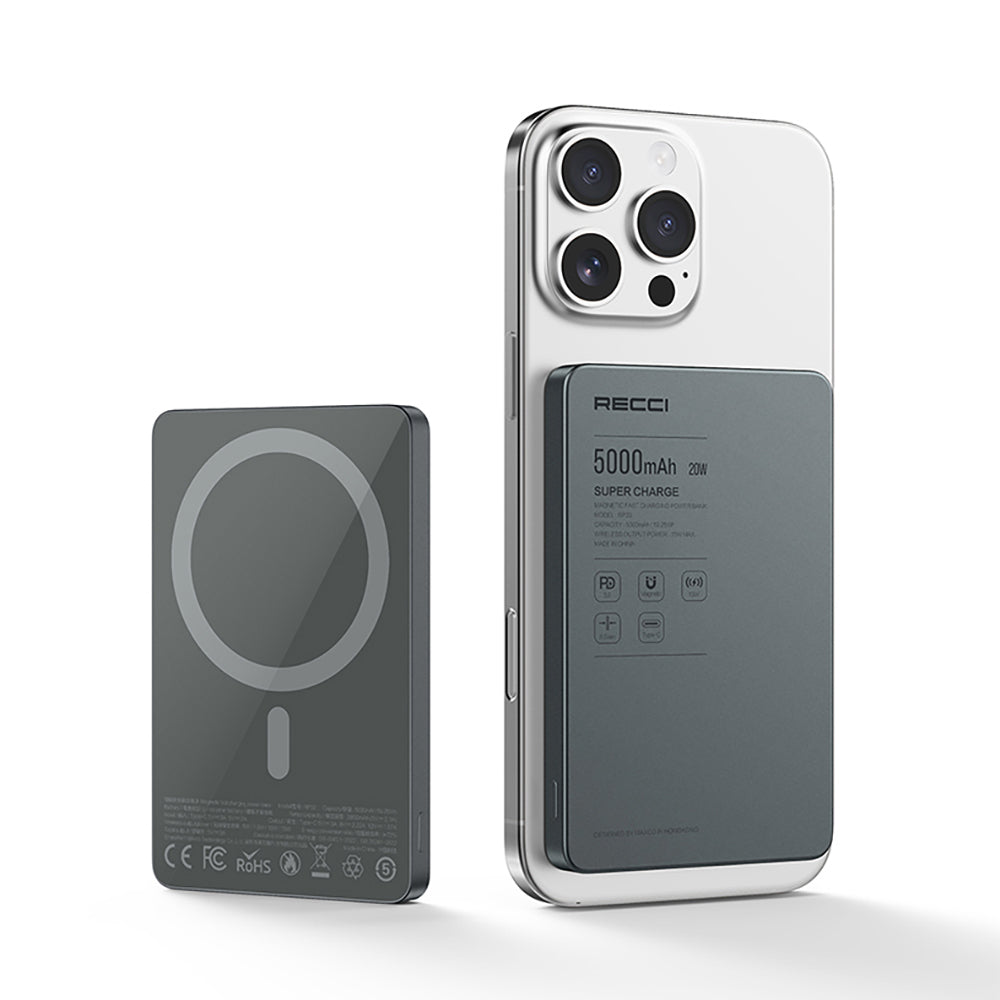 Recci RP33 PD 20W Ultra İnce Led Göstergeli Hızlı Şarj Özellikli Wireless Powerbank 5000mAh Gri