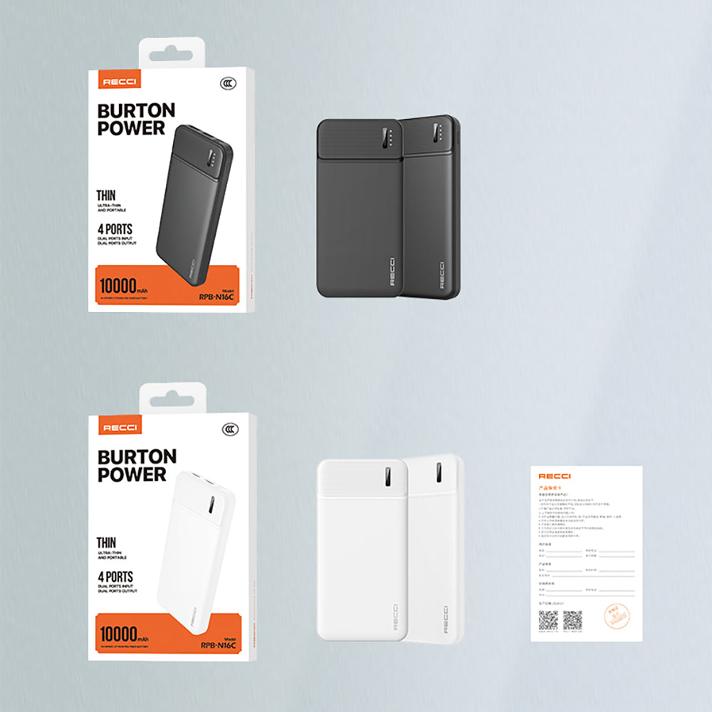 Recci RPB-N16C Ultra İnce Hızlı Şarj Özellikli Led Işık Göstergeli Powerbank 10000mAh Siyah