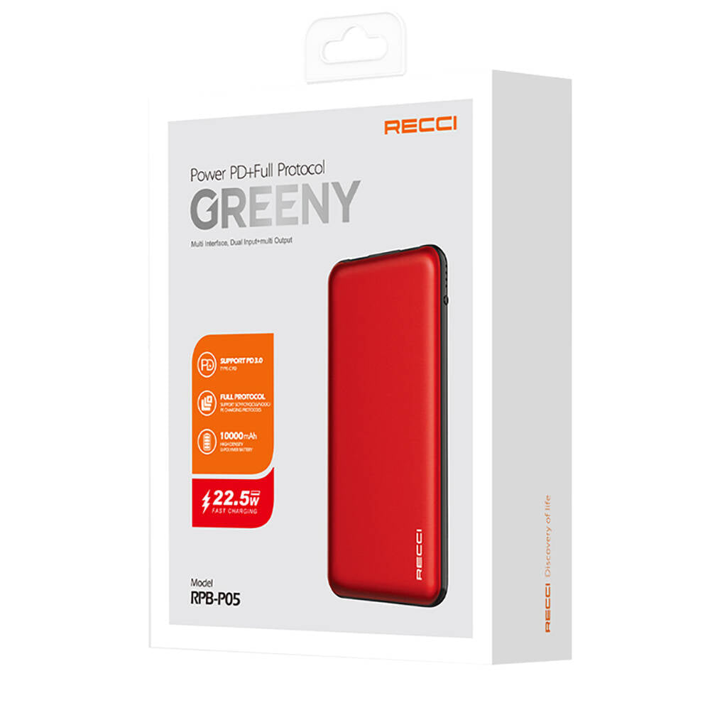 Recci RPB-P05 Greeny Serisi LED Işık Göstergeli Hızlı Şarj Özellikli Taşınabilir Powerbank 22.5W 10000mAh Kırmızı