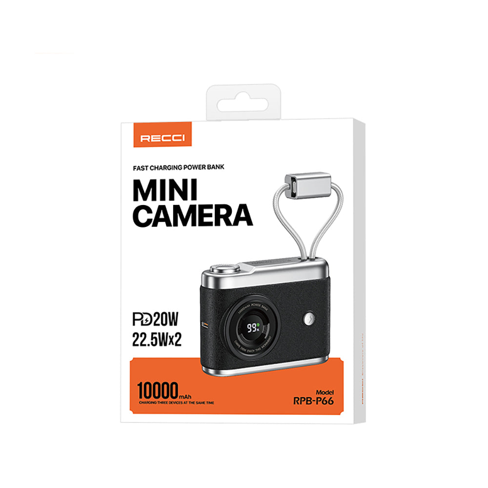 Recci RPB-P66 PD 20W Hızlı Şarj Özellikli Type-C & lightning Kablolu Powerbank 22.5W 10.000mAh Siyah
