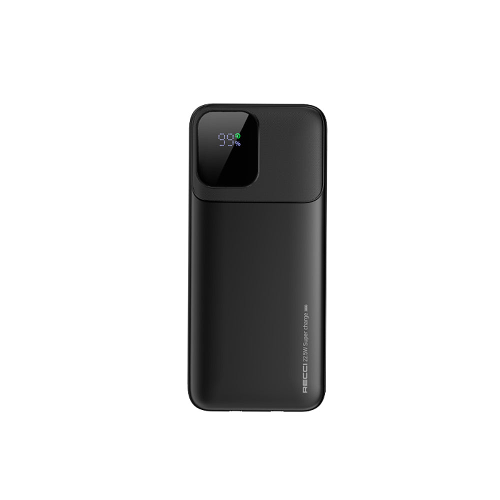 Recci RPB-P68 PD 20W Dijital LED Göstergeli Hızlı Şarj Özellikli Type-C ve Lightning Kablolu Powerbank 22.5W 20000mAh Siyah