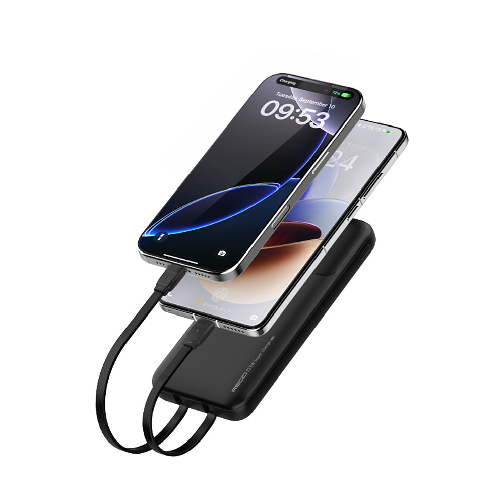 Recci RPB-P68 PD 20W Dijital LED Göstergeli Hızlı Şarj Özellikli Type-C ve Lightning Kablolu Powerbank 22.5W 20000mAh Siyah