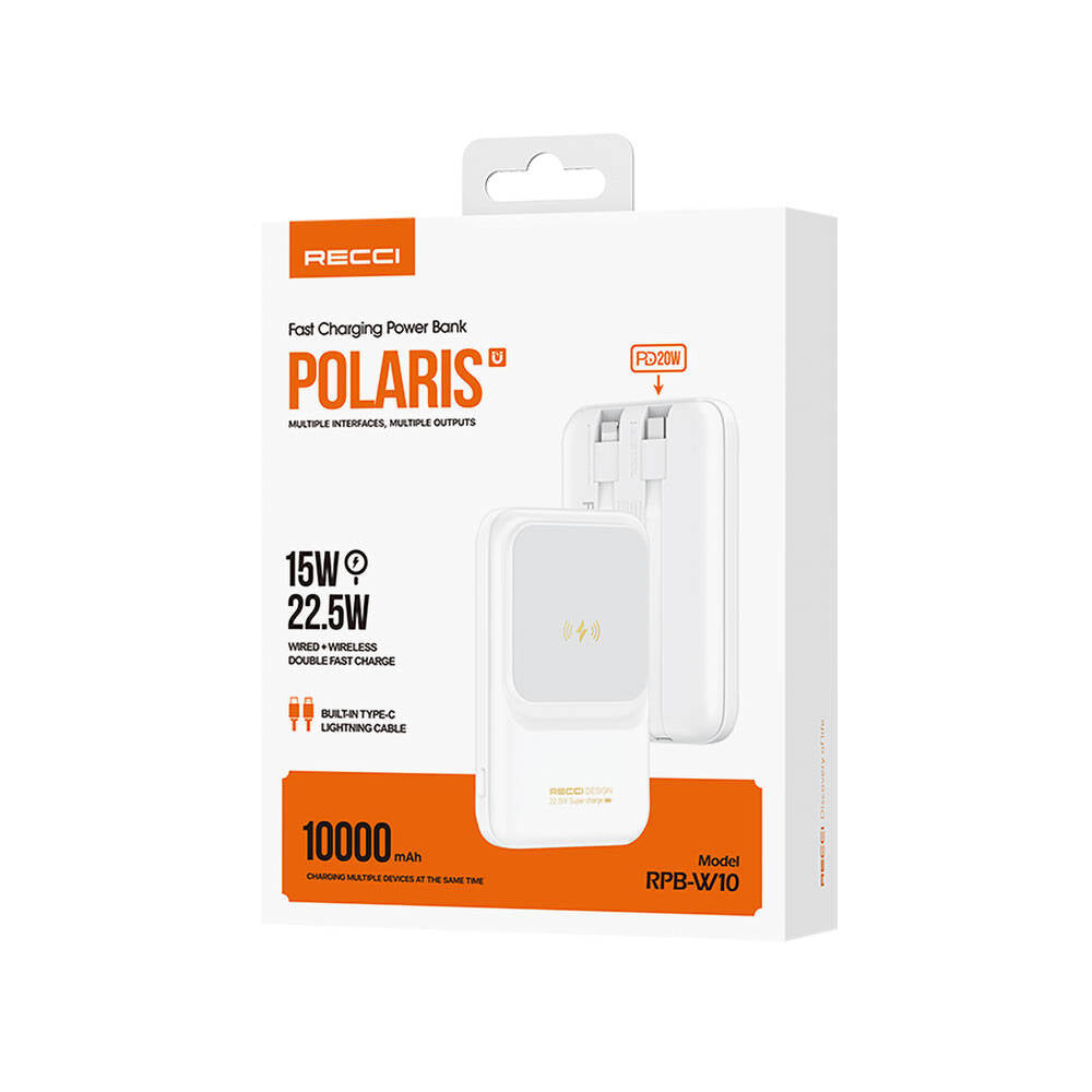 Recci RPB-W10 Polaris Serisi Çift Kablolu LED Dijital Göstergeli Wireless Powerbank 15W 10000mAh Beyaz