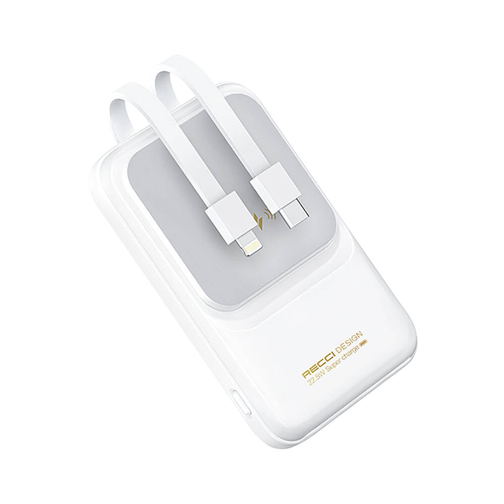 Recci RPB-W10 Polaris Serisi Çift Kablolu LED Dijital Göstergeli Wireless Powerbank 15W 10000mAh Beyaz