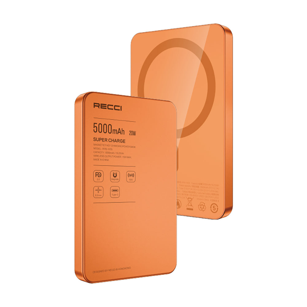 Recci RPB-W35 Ultra İnce PD 20W Hızlı Şarj Özellikli Wireless Powerbank 15W 5000mAh Turuncu
