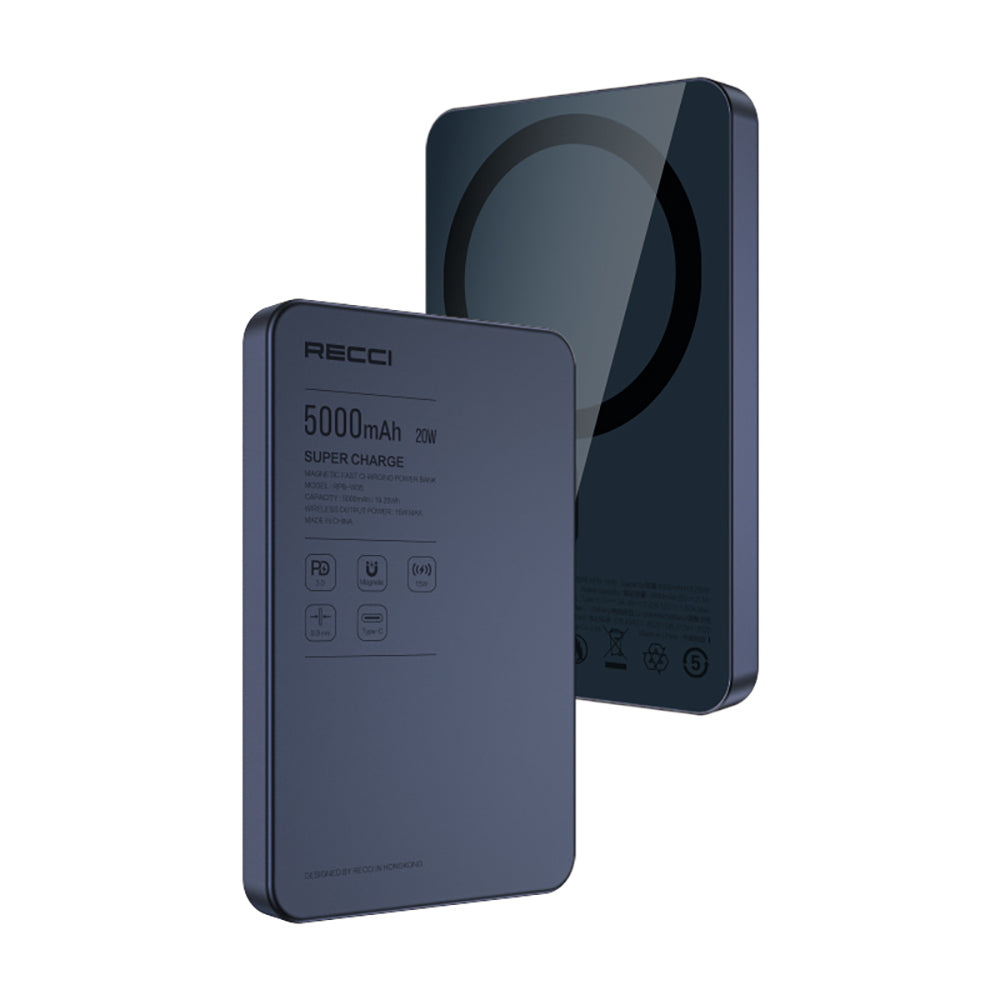 Recci RPB-W35 Ultra İnce PD 20W Hızlı Şarj Özellikli Wireless Powerbank 15W 5000mAh Mavi