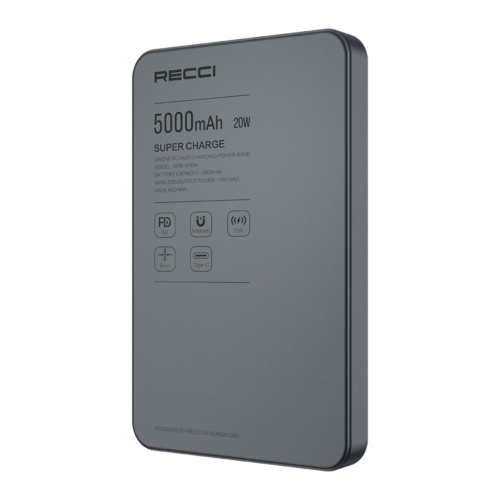 Recci RPB-W35A Ultra İnce PD 20W Hızlı Şarj Özellikli Wireless Powerbank 15W 5000mAh Gri