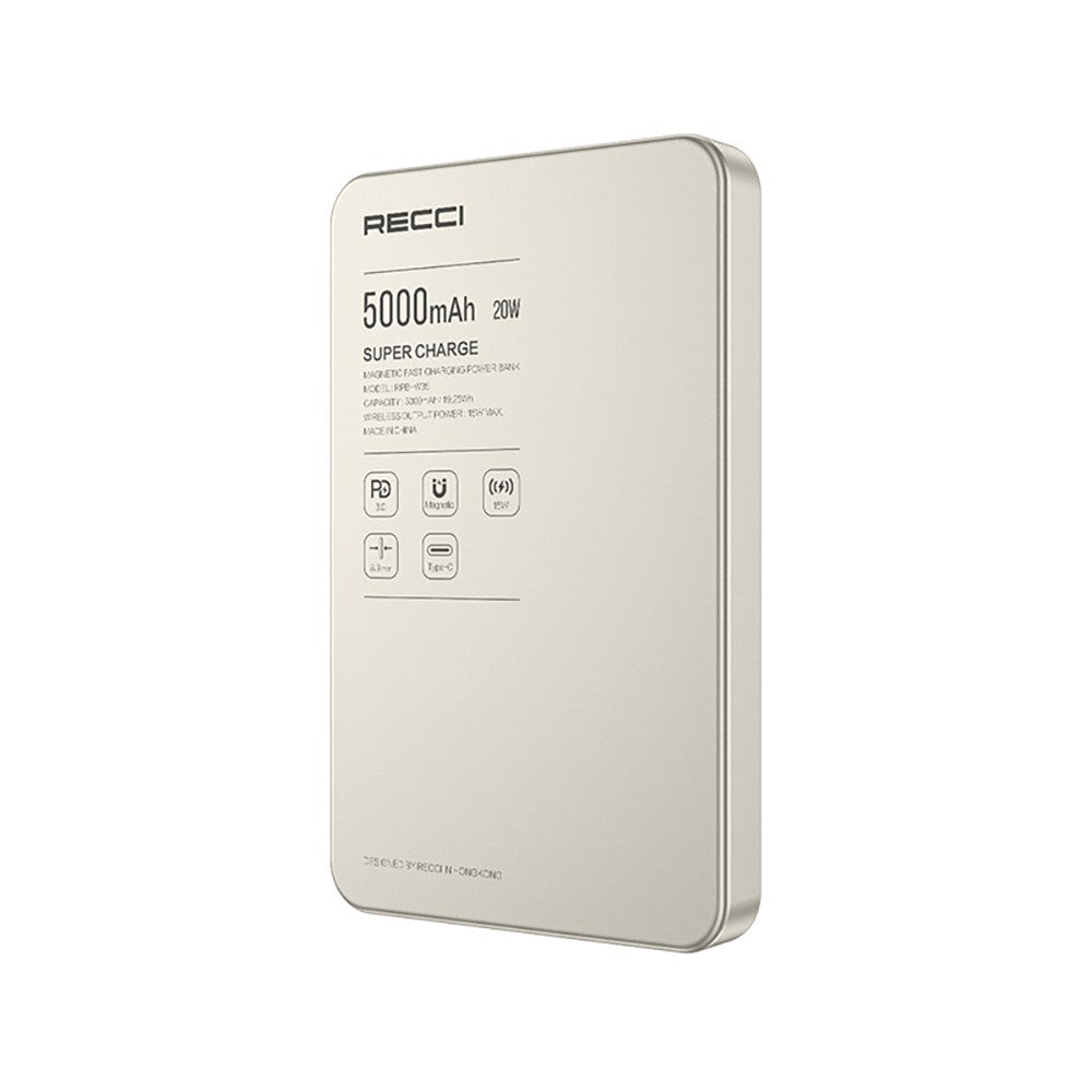Recci RPB-W35A Ultra İnce PD 20W Hızlı Şarj Özellikli Wireless Powerbank 15W 5000mAh Titanyum-Gold