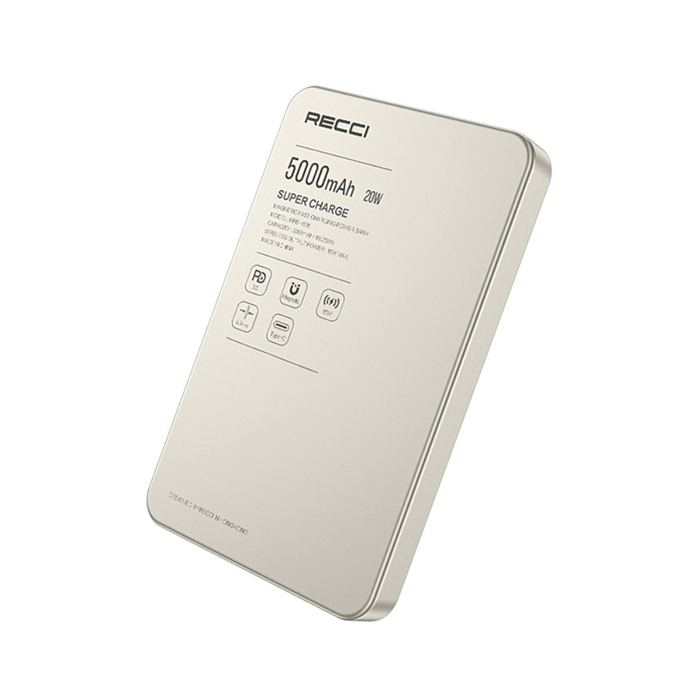 Recci RPB-W35A Ultra İnce PD 20W Hızlı Şarj Özellikli Wireless Powerbank 15W 5000mAh Titanyum-Gold