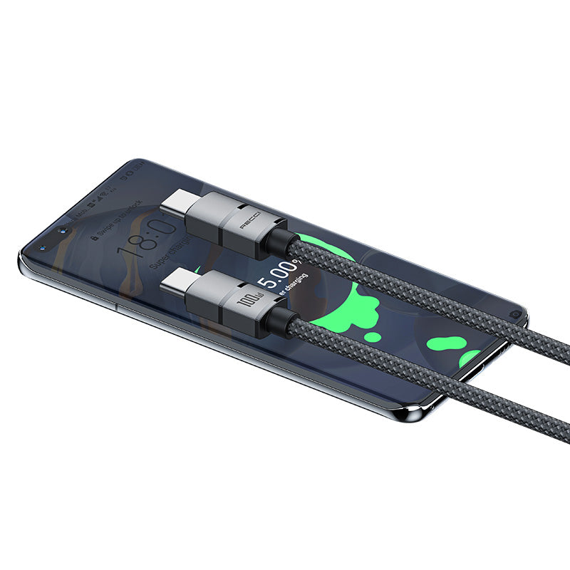 Recci RS08CCPD Warrior Serisi 100W Hızlı Şarj Özellikli Type-C To Type-C PD Kablo 1.2M Gri