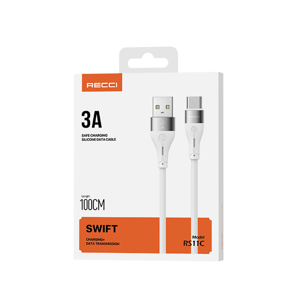 Recci RS11C Swift Serisi USB-A to Type-C 3A Hızlı Şarj Özellikli Data ve Şarj Kablosu 1M Beyaz
