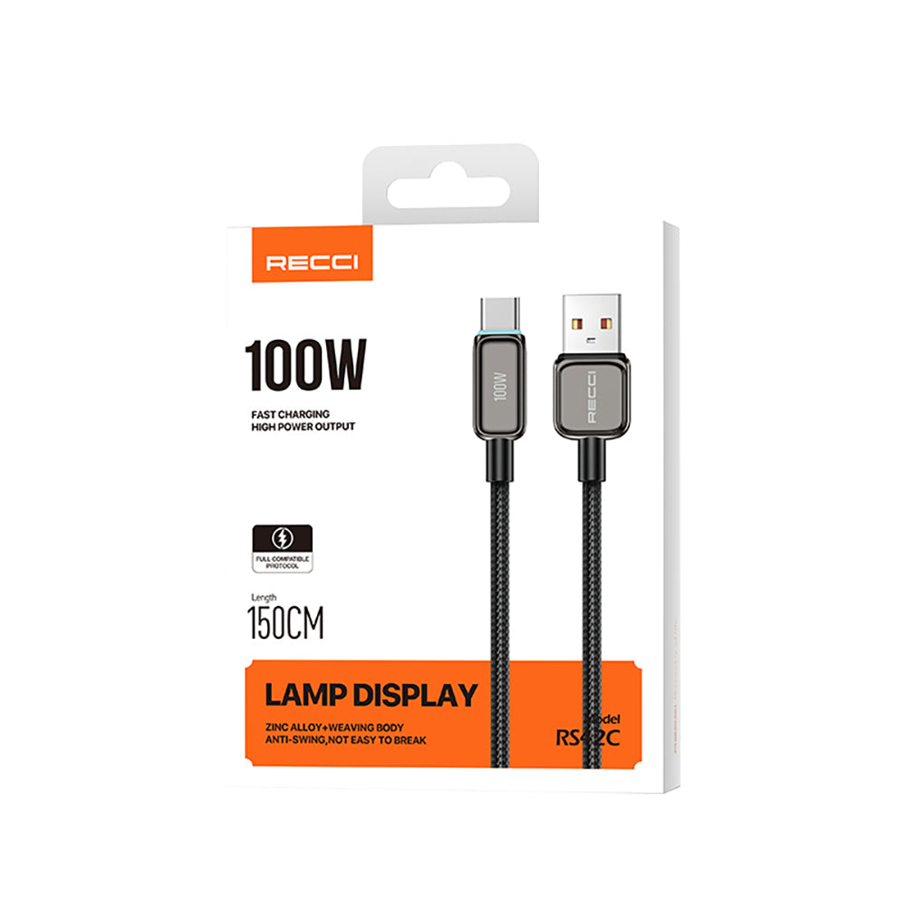 Recci RS42C Lamp Display Serisi USB-A to Type-C 100W Hızlı Şarj Özellikli Data ve Şarj Kablosu 1.5M Gümüş
