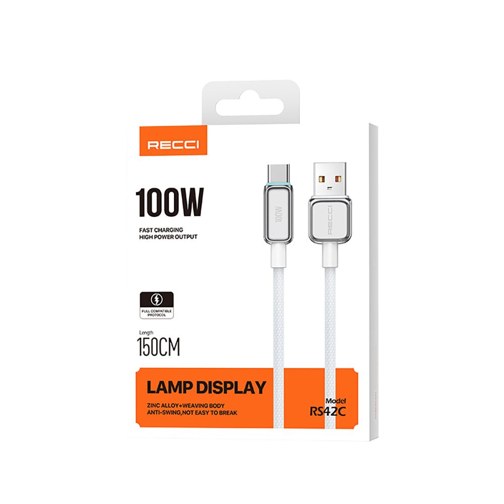 Recci RS42C Lamp Display Serisi USB-A to Type-C 100W Hızlı Şarj Özellikli Data ve Şarj Kablosu 1.5M Gümüş