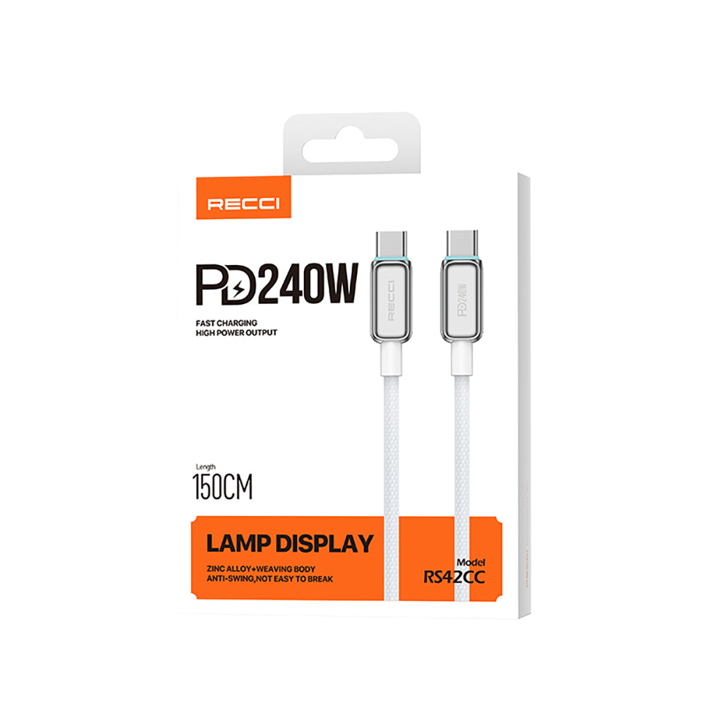 Recci RS42CC Lamp Display Serisi Type-C to Type-C PD 240W Hızlı Şarj Özellikli Data ve Şarj Kablosu 1.5M Siyah