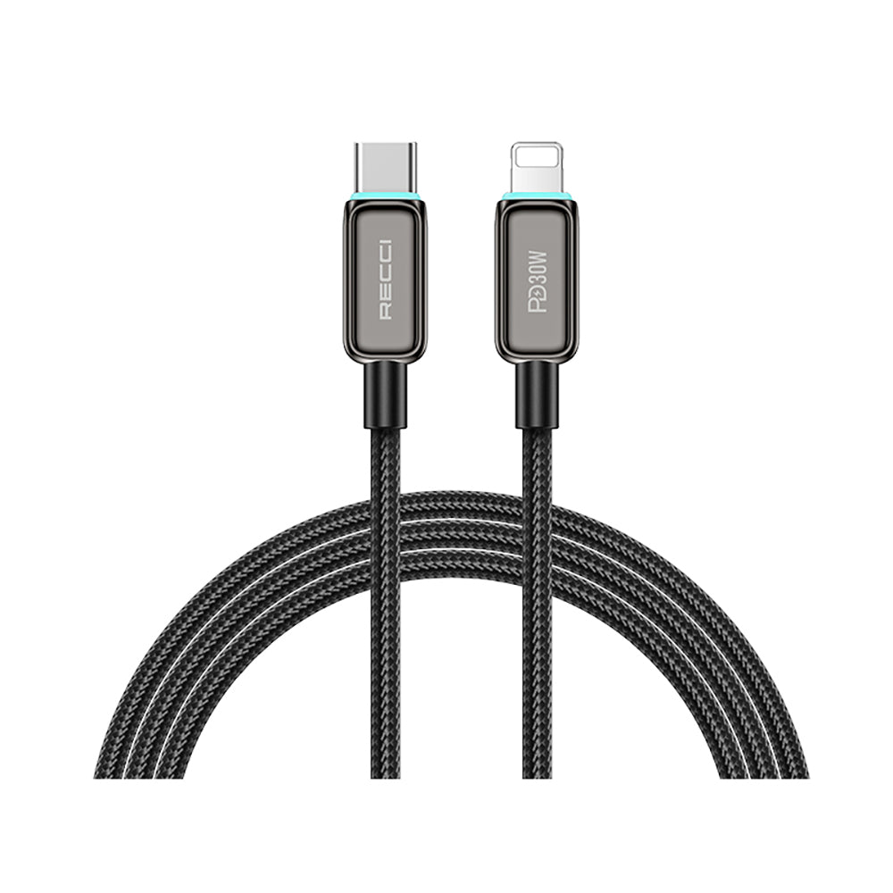 Recci RS42CL Lamp Display Serisi Type-C to Lightning PD 30W Hızlı Şarj Özellikli Data ve Şarj Kablosu 1.5M Siyah