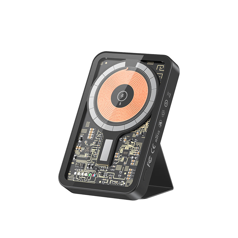 Recci W07 Şeffaf Tasarım Standlı 15W Magsafe Şarj Özellikli 20W PD Hızlı Şarj Powerbank 5000mAh Siyah